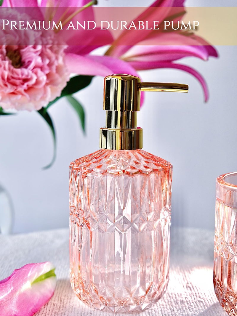 LaMarriti Pink Bathroom Accessories  5pcs Glass Bathroom Accessories Set  Soap Dispenser Set  Soap Dish  Tumbler  Cotton Swab Jars  Toothbrush Holder  Modern Bathroom Decor  Set - Image 3